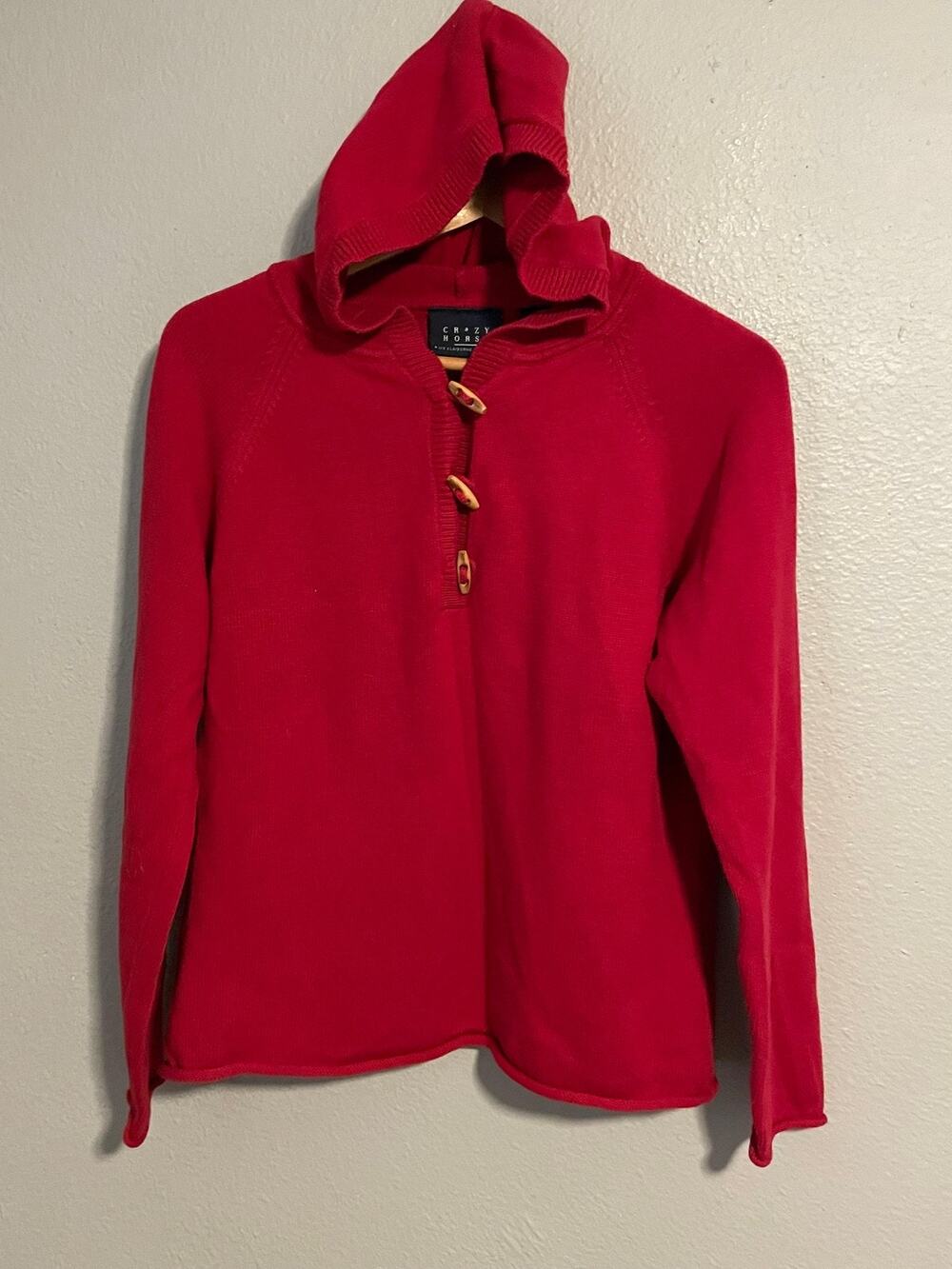 Crazy Horse Sweater Womens Medium Red Hooded Toggle Button Knit Fisherman